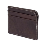 Brown leather cardholder with white stitching on a white background