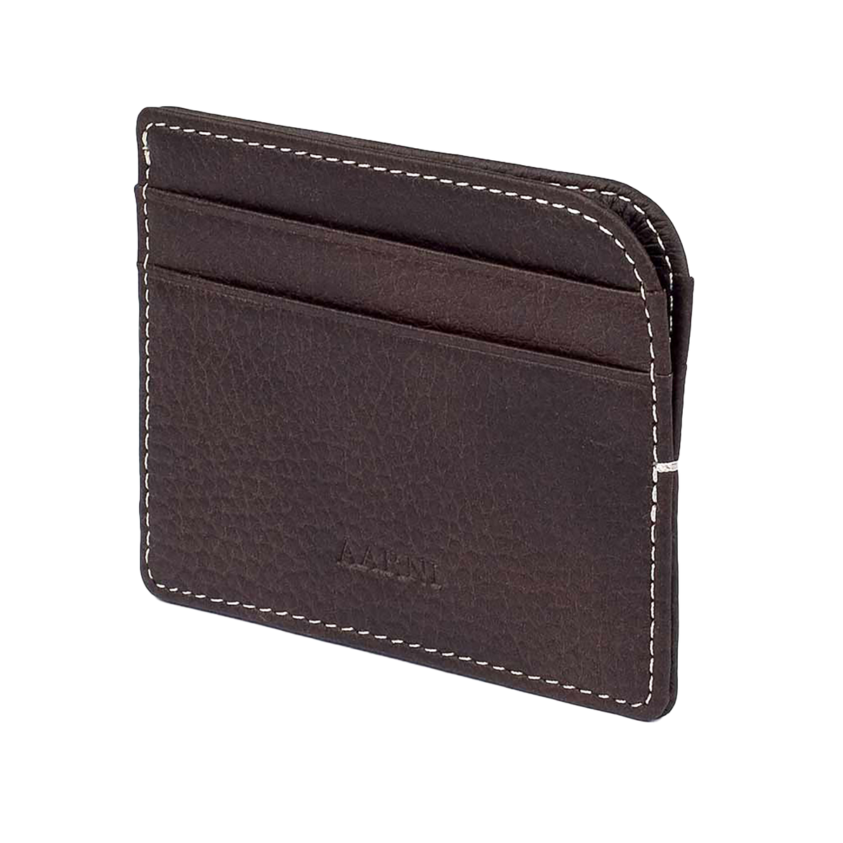 Brown leather cardholder with white stitching on a white background